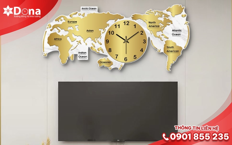 Đồng hồ bản đồ thế giới khổ lớn cho phòng khách sang trọng